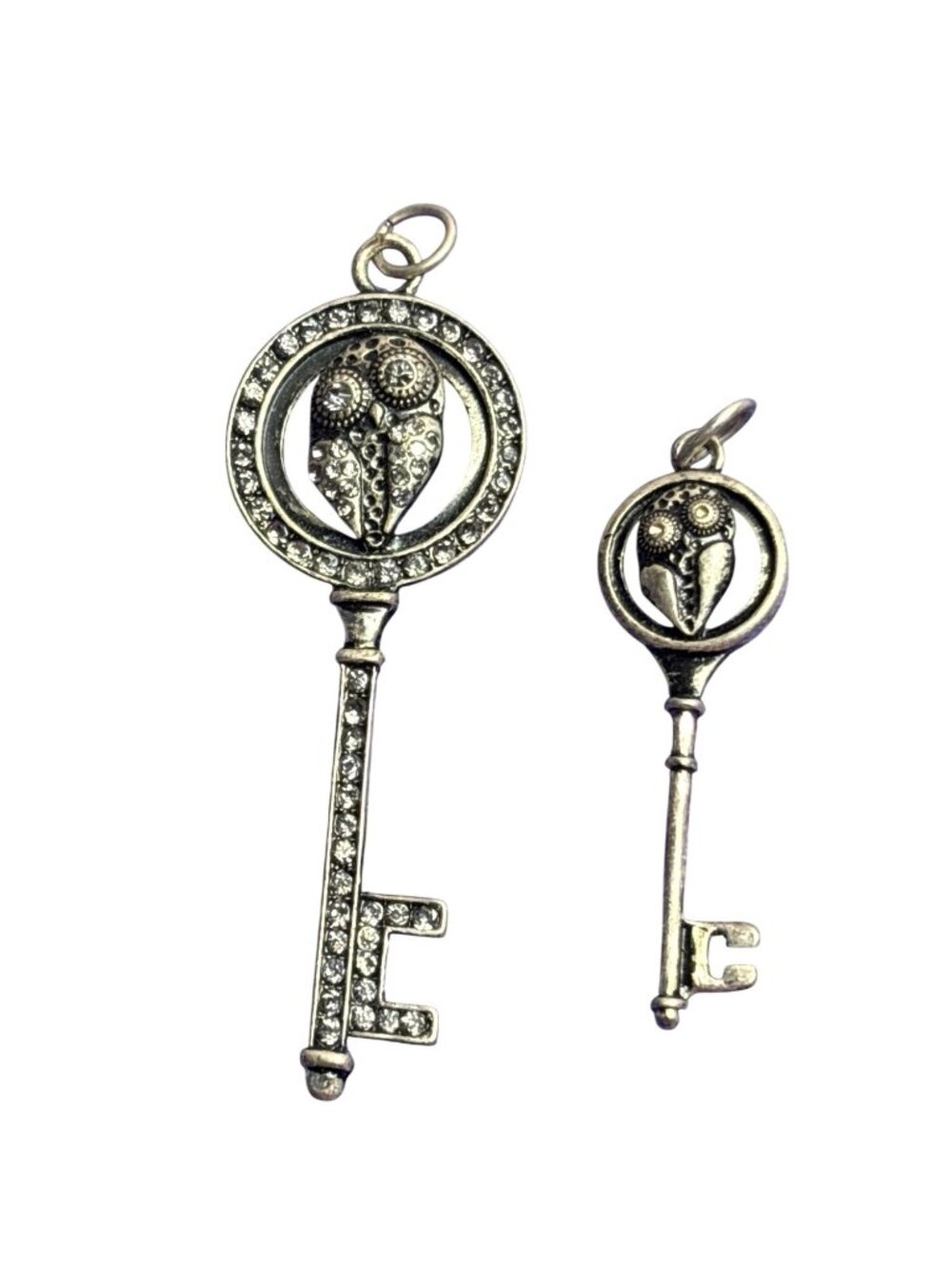 2 -  Silvertone Owl Key Pendants Clear Rhinestones on Larger 2.5 inch 1 5/8 inch